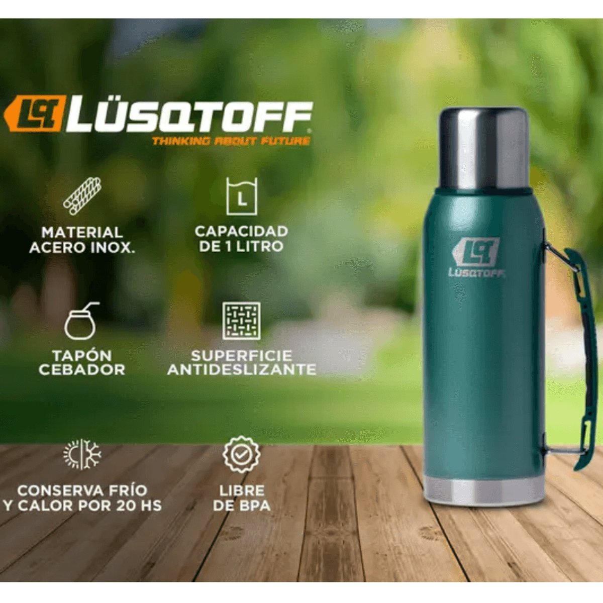 Lusqtoff Termo acero inoxidable 1Lt frio/calor verde pico cebador