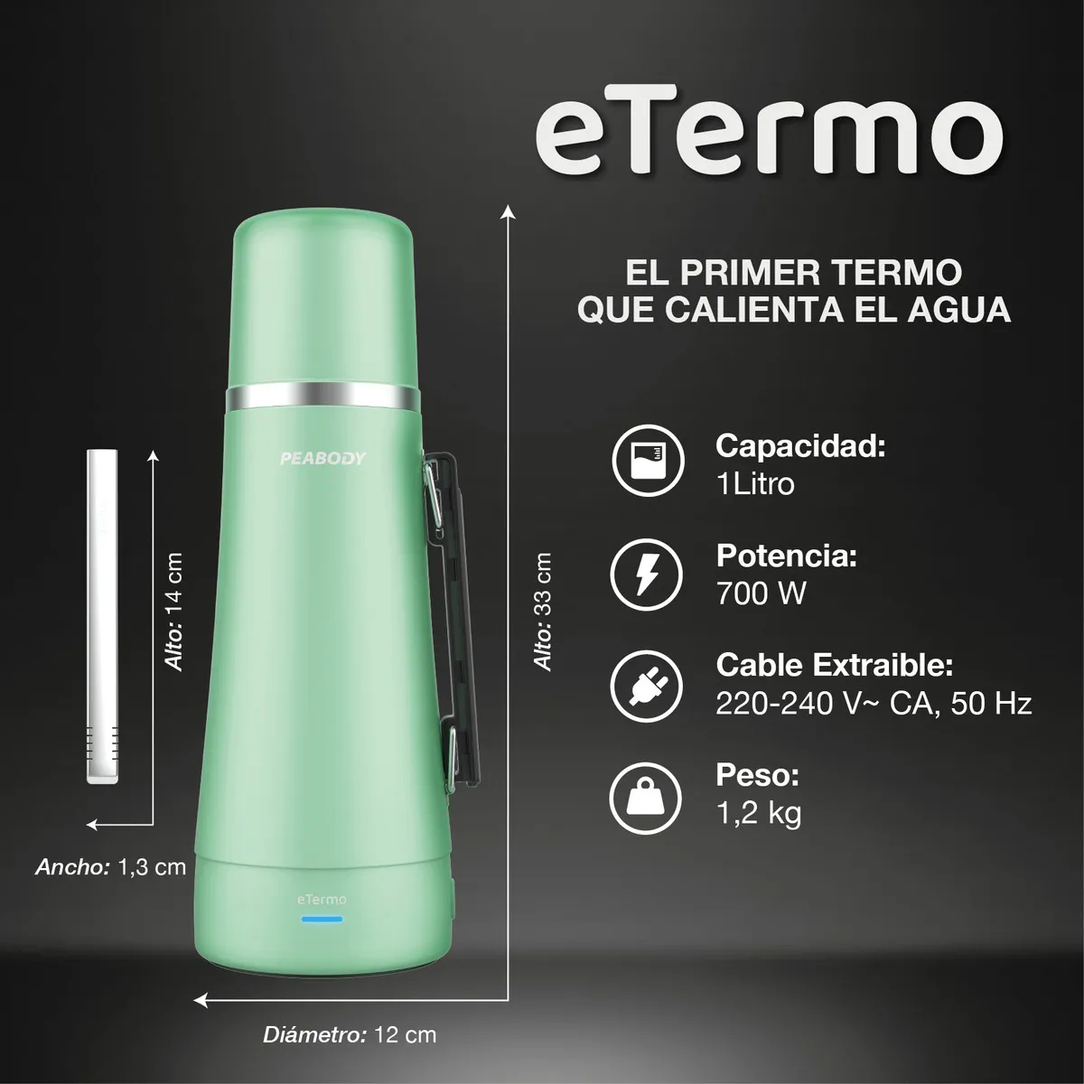 Termo Electrico Peabody ET1001v E-termo 1Lt. mate y bombilla P2 Color Verde - Imagen 2