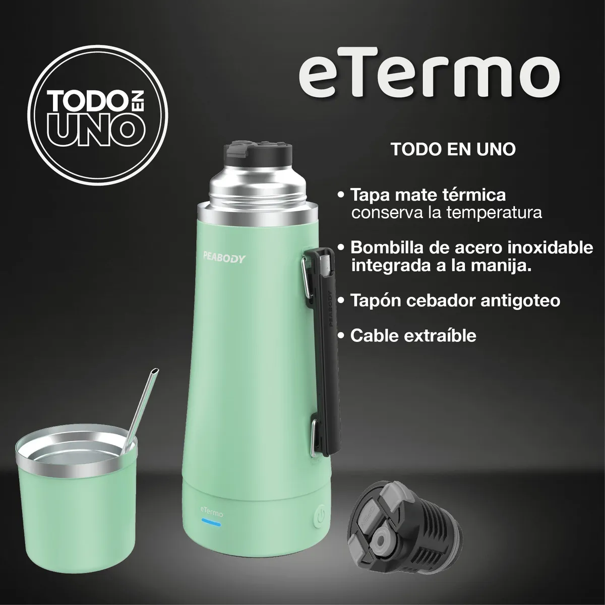 Termo Electrico Peabody ET1001v E-termo 1Lt. mate y bombilla P2 Color Verde