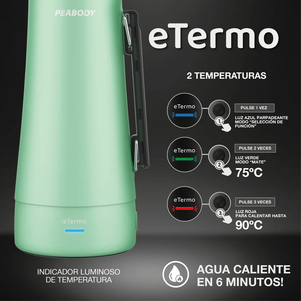 Termo Electrico Peabody ET1001v E-termo 1Lt. mate y bombilla P2 Color Verde - Imagen 3