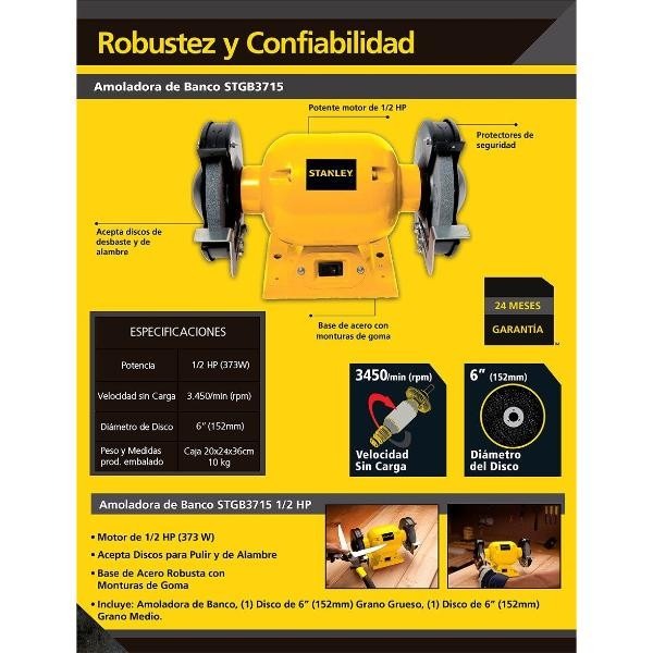 Amoladora de Banco Stanley STGB3715‑AR 1/2 HP 152 mm 6" - Imagen 12