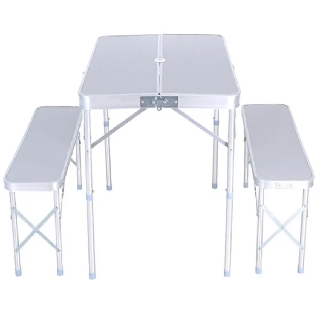 Set Mesa Plegable Kushiro SPALU03 con 2 Bancos de Aluminio