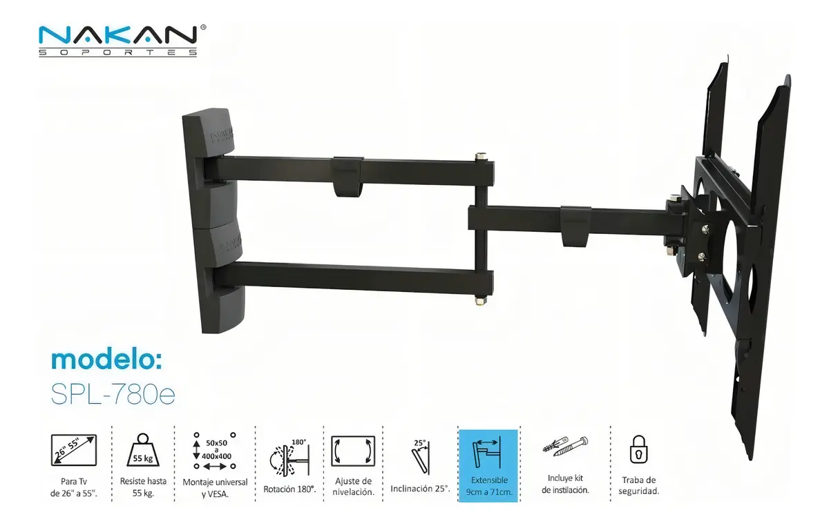 Soporte TV 32" a 65" 55kg Nakan SPL-780E Extensible Giratorio - Imagen 4