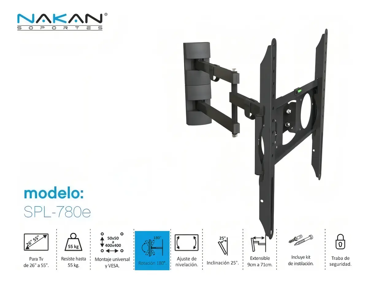 Soporte TV 32" a 65" 55kg Nakan SPL-780E Extensible Giratorio - Imagen 11