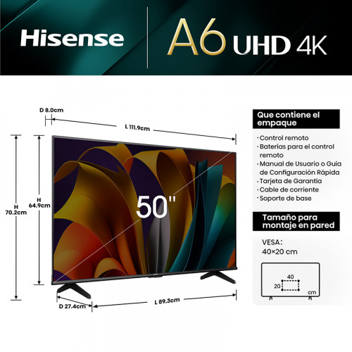 Smart TV 50" Hisense 50A64N UHD 4K VIDAA - Imagen 2