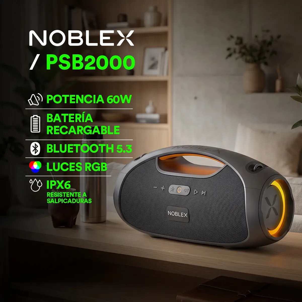 Parlante Portátil Noblex PSB2000P 60W Bluetooth IPX6 Luces LED TWS - Imagen 12