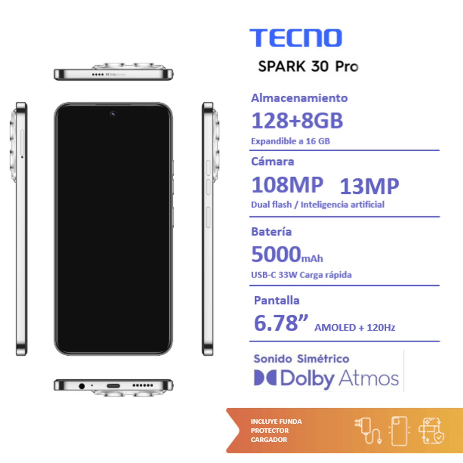 Celular Tecno Spark 30 Pro KL7 128GB Artic Glow - Imagen 3