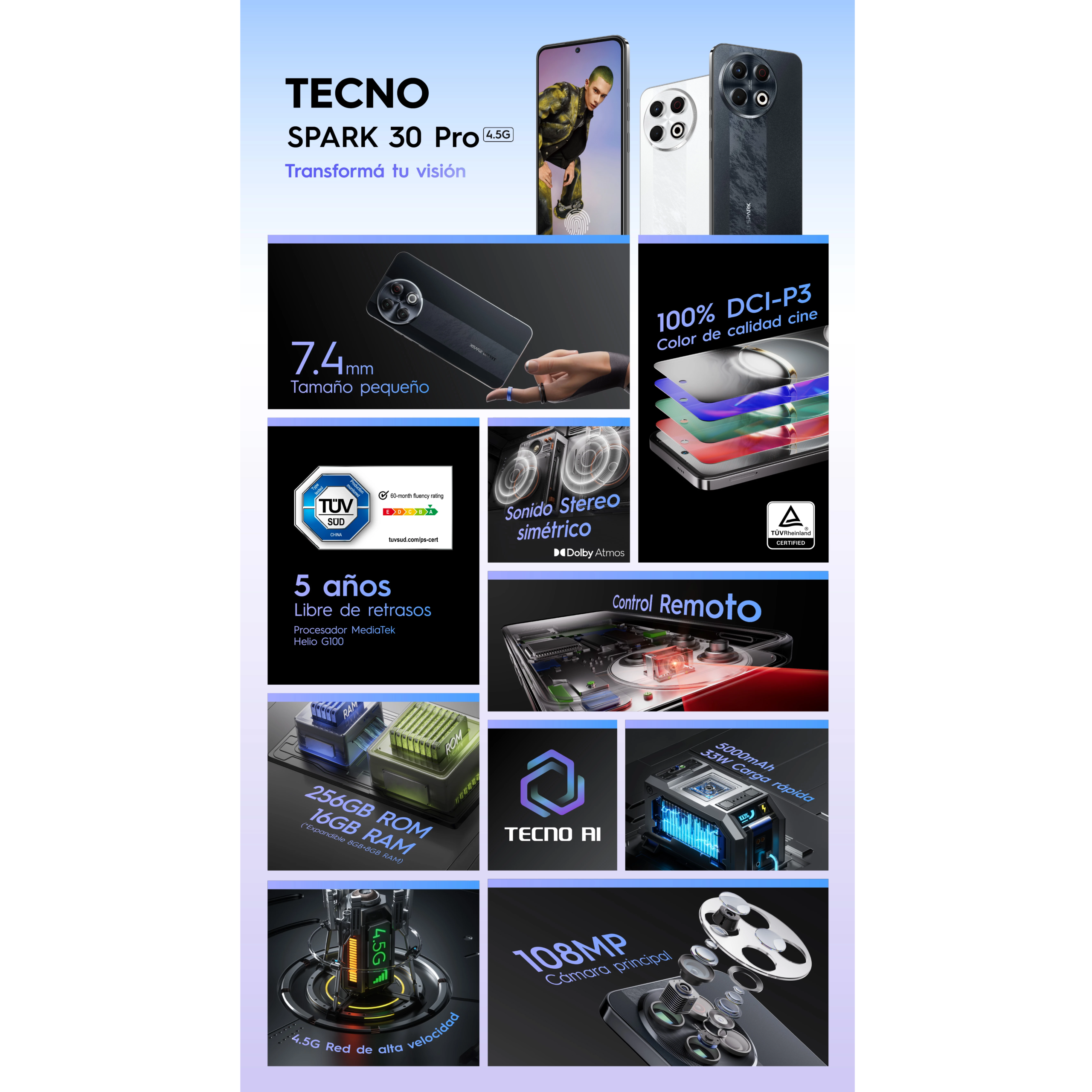 Celular Tecno Spark 30 Pro KL7 128GB Artic Glow - Imagen 4